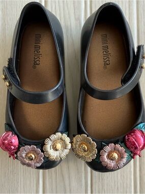 Mini Melissa NWT Ultragirl Mary Jane Flats Black Floral Ladybug Girls Shoes s 7